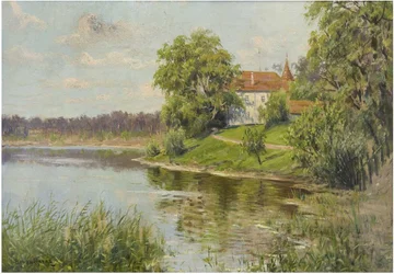 Vista para o lago com PfarrhausnAlemanha: Uferlandschaft com pequena PfarrkirchenAlemanha: Haus am Wannseen
